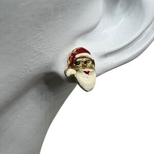 Vintage Santa Claus Enamel Stud Earrings Christmas Holiday Gold Tone Face